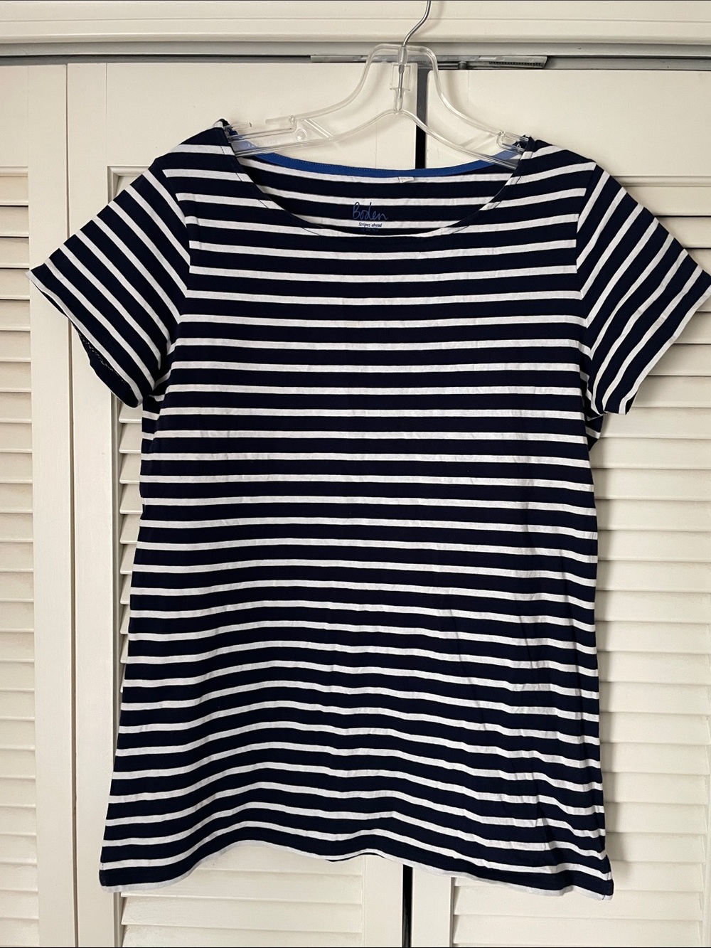 Boden Navy & White Striped Short Sleeve T-shirt Sz 6 100% cotton crew neck